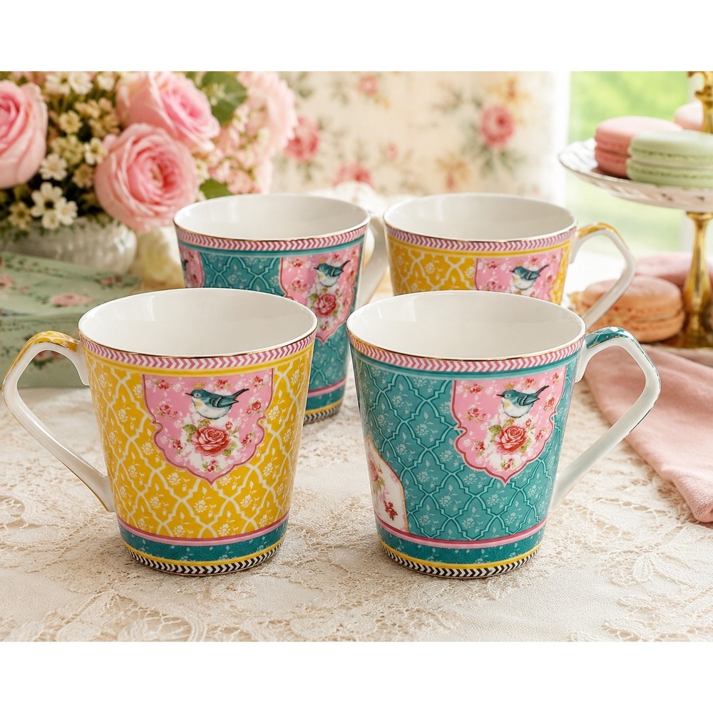 Grace Teaware Whimsical English Bird Floral Porcelain Mugs Set Grandmillennial